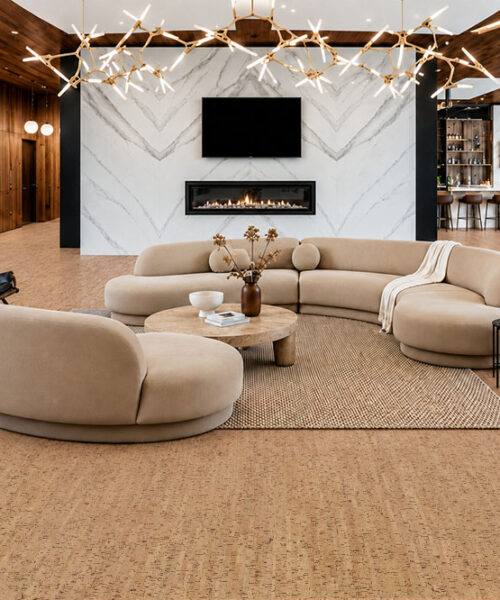 Silver Birch - 1/4&Quot; (6Mm) - Cork Glue Down Tile (Gsb6) Silver Birch 12Mm Cork Floor Planks In Warm Gold Frame Cream Sofas And A Marble Fireplace.