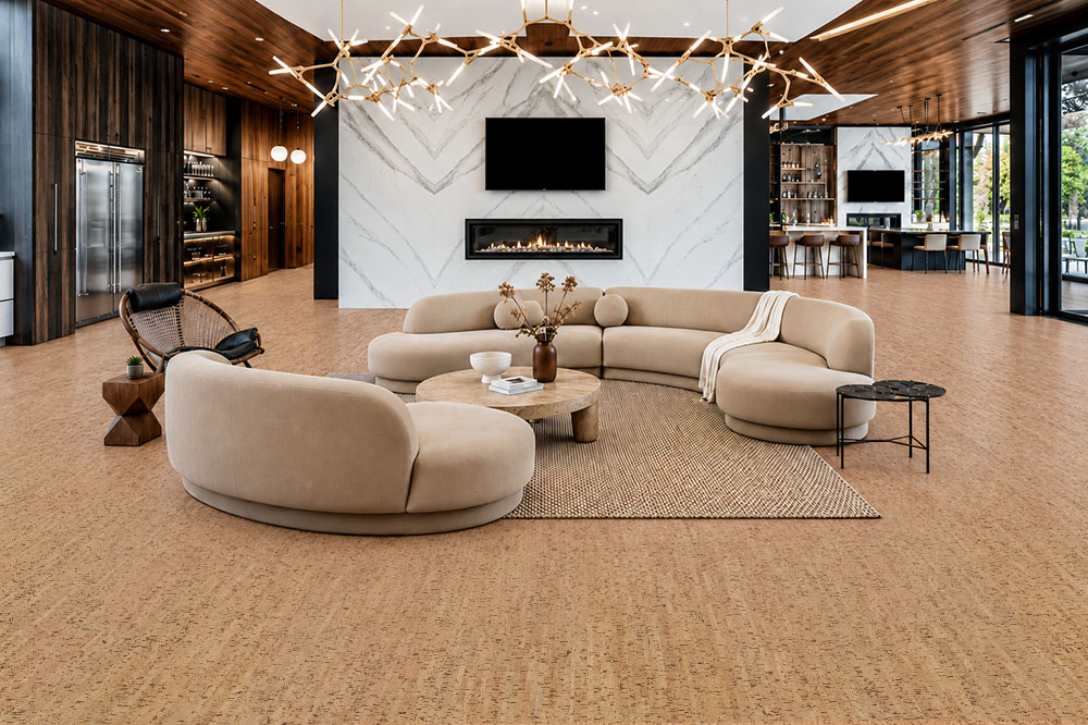 Silver Birch - 1/4&Quot; (6Mm) - Cork Glue Down Tile (Gsb6) Silver Birch 12Mm Cork Floor Planks In Warm Gold Frame Cream Sofas And A Marble Fireplace.