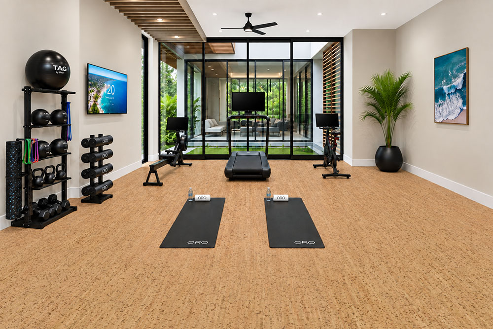 Silver Birch - 1/4&Quot; (6Mm) - Cork Glue Down Tile (Gsb6) Silver Birch 12Mm Floating Cork Flooring Lines A Modern Home Gym With Yoga Mats And Weights.
