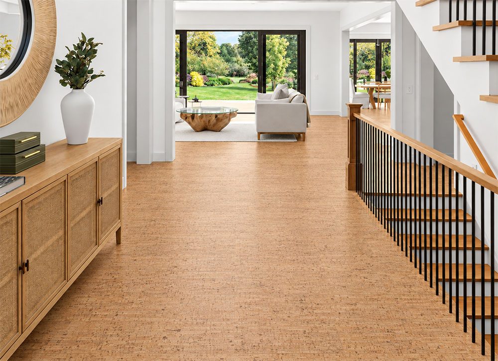 Silver Birch - 1/4&Quot; (6Mm) - Cork Glue Down Tile (Gsb6) Silver Birch 12Mm Cork Floor Planks Feature Linear Gold Grain Across A Bright Stair Landing.