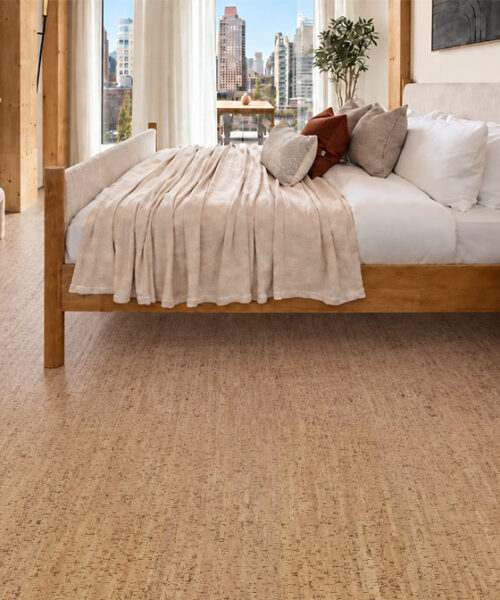 Silver Birch - 1/4&Quot; (6Mm) - Cork Glue Down Tile (Gsb6) Silver Birch 12Mm Natural Cork Flooring Complements A Wood Bed And Softly Furnished City-View Bedroom.