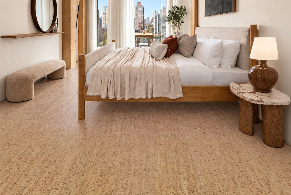 Silver Birch - 1/4&Quot; (6Mm) - Cork Glue Down Tile (Gsb6) Silver Birch 12Mm Natural Cork Flooring Complements A Wood Bed And Softly Furnished City-View Bedroom.