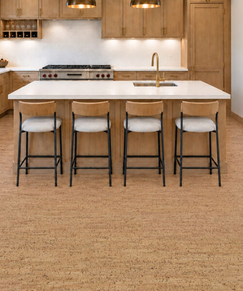 Silver Birch - 1/4&Quot; (6Mm) - Cork Glue Down Tile (Gsb6) Silver Birch 12Mm Floating Cork Flooring Surrounds A Wood Kitchen Island With Four Bar Stools.