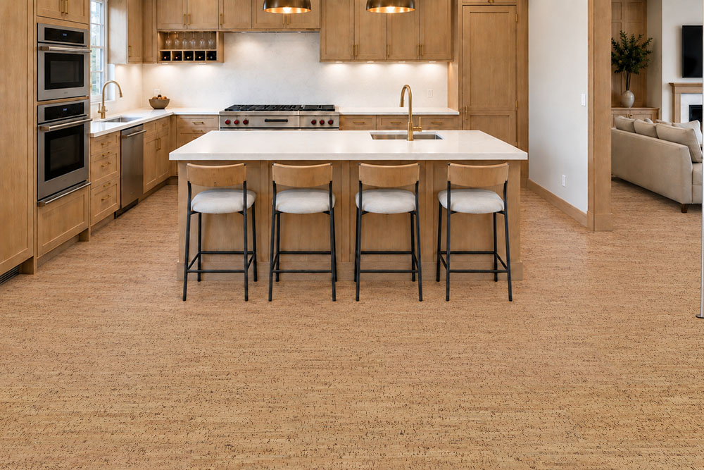 Silver Birch - 1/4&Quot; (6Mm) - Cork Glue Down Tile (Gsb6) Silver Birch 12Mm Floating Cork Flooring Surrounds A Wood Kitchen Island With Four Bar Stools.