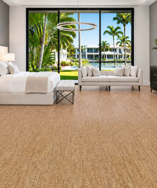 Silver Birch - 1/4&Quot; (6Mm) - Cork Glue Down Tile (Gsb6) Silver Birch 12Mm Gold Ribbon Cork Flooring Brightens A Bedroom With Cream Furniture And A Pool View.