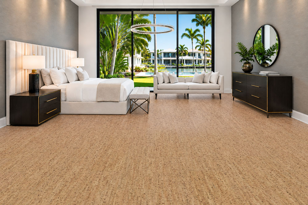 Silver Birch - 1/4&Quot; (6Mm) - Cork Glue Down Tile (Gsb6) Silver Birch 12Mm Gold Ribbon Cork Flooring Brightens A Bedroom With Cream Furniture And A Pool View.