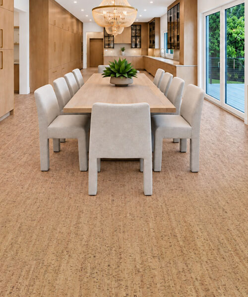 Silver Birch - 1/4&Quot; (6Mm) - Cork Glue Down Tile (Gsb6) Silver Birch 12Mm Natural Cork Flooring Extends Through A Dining Room With Wood Cabinetry And Wine Storage.