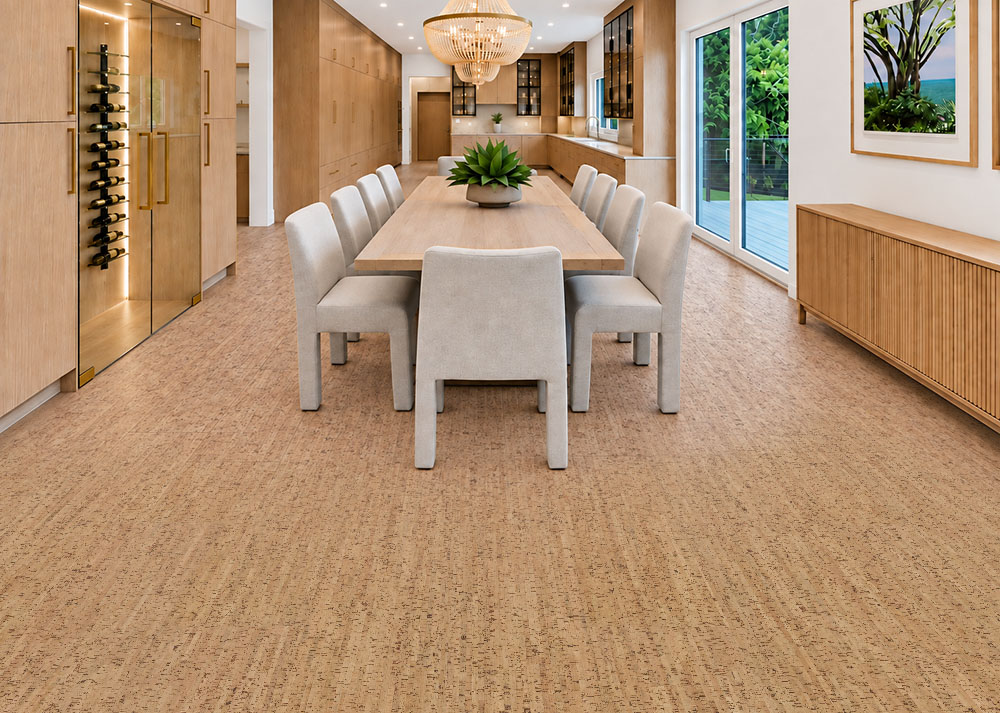 Silver Birch - 1/4&Quot; (6Mm) - Cork Glue Down Tile (Gsb6) Silver Birch 12Mm Natural Cork Flooring Extends Through A Dining Room With Wood Cabinetry And Wine Storage.