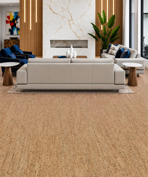 Silver Birch - 1/4&Quot; (6Mm) - Cork Glue Down Tile (Gsb6) Silver Birch 12Mm Cork Floor Planks Show Golden Linear Texture In A Pool-View Living Room With A Marble Fireplace.