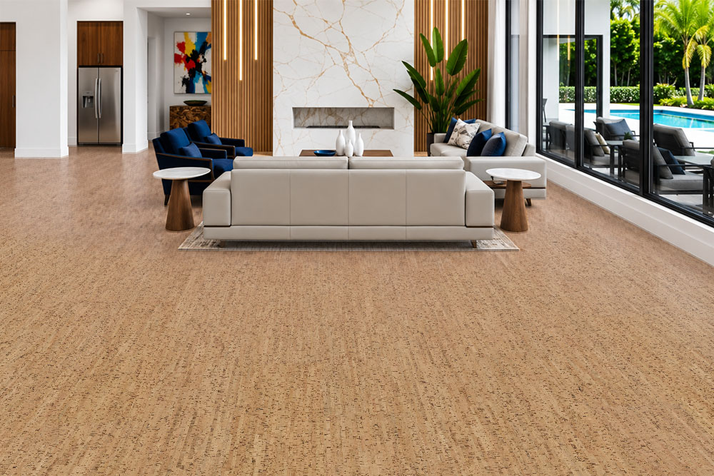 Silver Birch - 1/4&Quot; (6Mm) - Cork Glue Down Tile (Gsb6) Silver Birch 12Mm Cork Floor Planks Show Golden Linear Texture In A Pool-View Living Room With A Marble Fireplace.