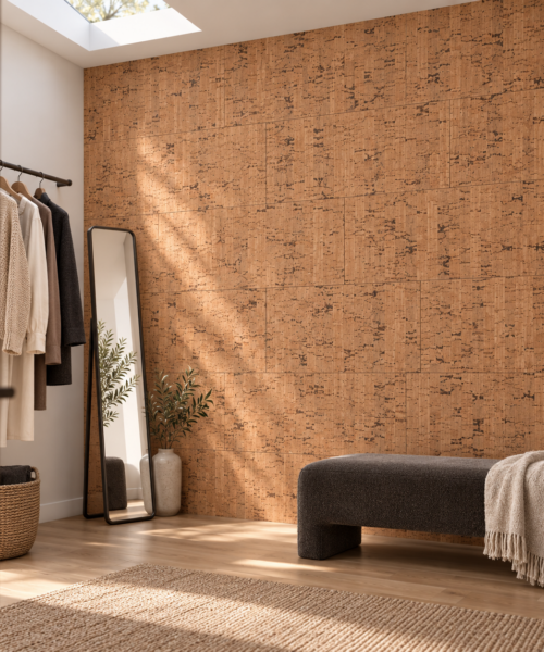 Silver Birch glue-down cork tiles in a dressing room — wall application visualization