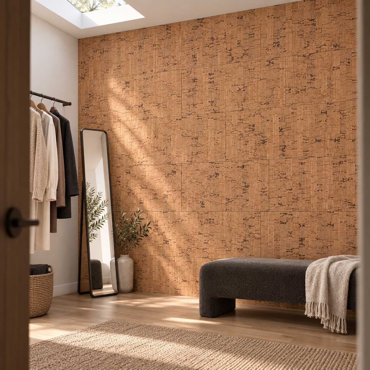 Silver Birch - 1/4&Quot; (6Mm) - Cork Glue Down Tile (Gsb6) Silver Birch Glue-Down Cork Tiles In A Dressing Room — Wall Application Visualization