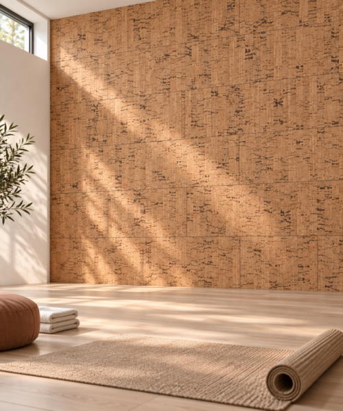 Silver Birch glue-down cork tiles in a meditation room — wall application visualization