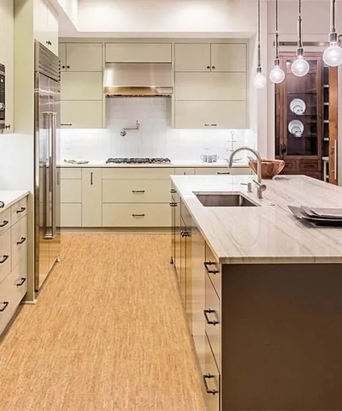 Silver Birch Cork Floor Kitchen Interior Island Sink Cabinets