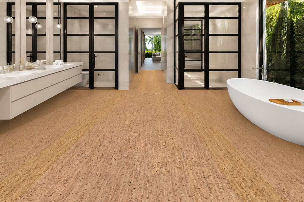 Silver Birch - 5/16&Quot; (8Mm) - Cork Glue Down Tile (Gsb8) Silver Birch Cork Flooring In A Spacious Modern Bathroom With A Freestanding Bathtub And Spa-Inspired Design.