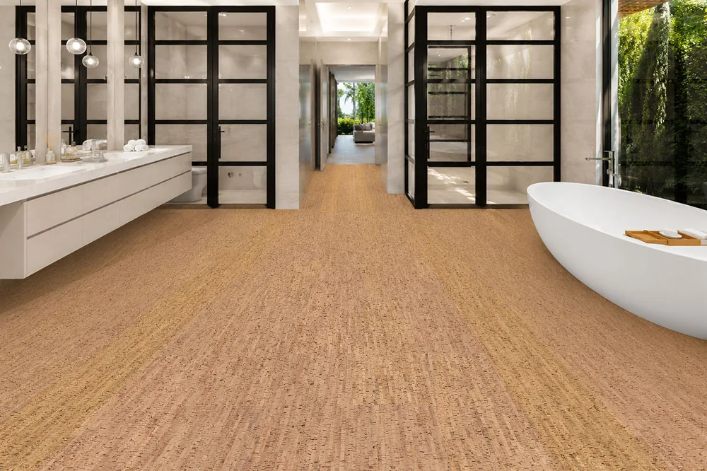 Silver Birch - 1/4&Quot; (6Mm) - Cork Glue Down Tile (Gsb6) Silver Birch Cork Flooring In A Spacious Modern Bathroom With A Freestanding Bathtub And Spa-Inspired Design.