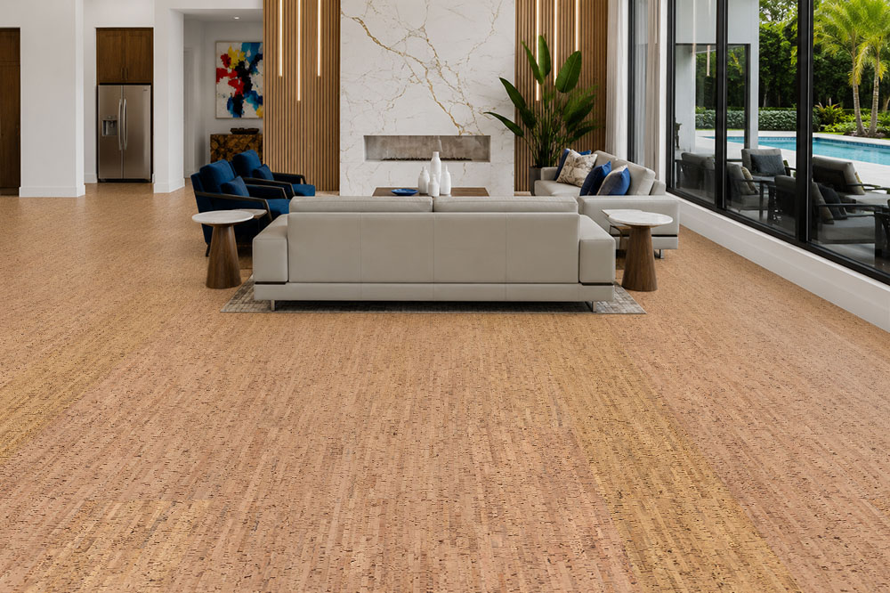 Silver Birch - 5/16&Quot; (8Mm) - Cork Glue Down Tile (Gsb8) Silver Birch Cork Flooring In A Contemporary Living Room With Floor-To-Ceiling Windows Overlooking The Pool.