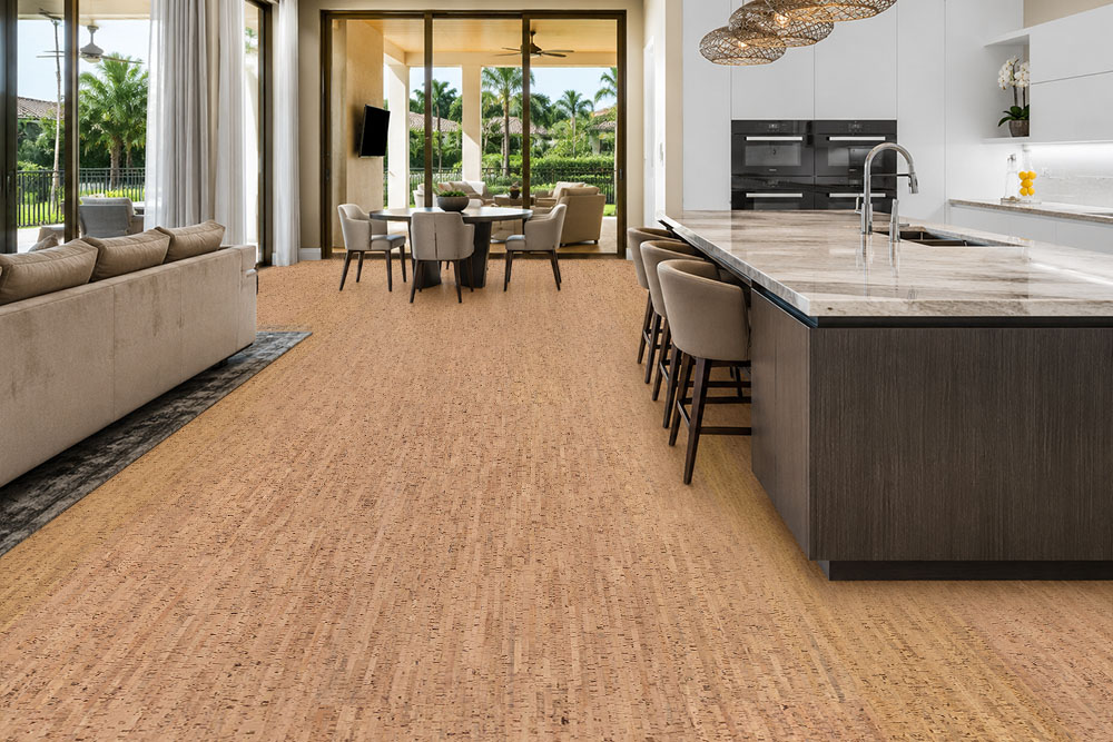 Silver Birch - 5/16&Quot; (8Mm) - Cork Glue Down Tile (Gsb8) Silver Birch Natural Cork Flooring In A Modern Open-Concept Kitchen And Living Room With A Large Island