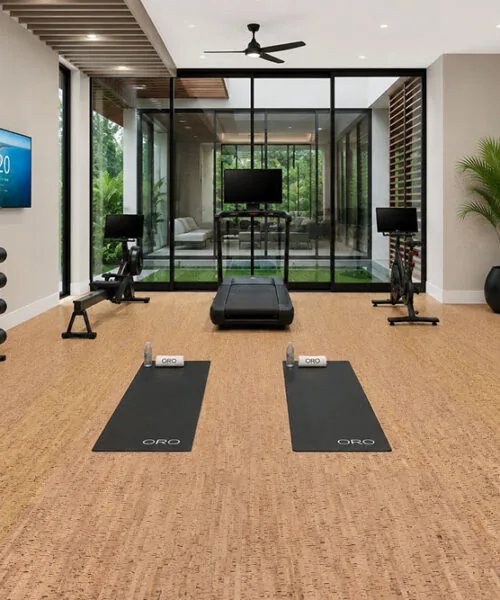 Silver Birch Cork Flooring Installed In A Modern Home Gym With Fitness Equipment And Workout Space.