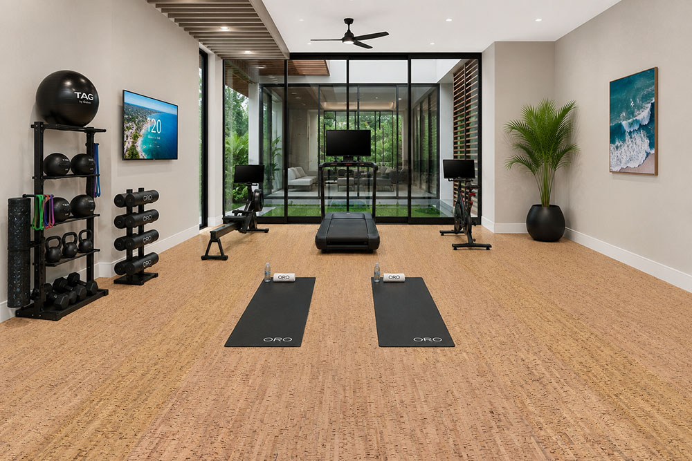 Silver Birch - 5/16&Quot; (8Mm) - Cork Glue Down Tile (Gsb8) Silver Birch Cork Flooring Installed In A Modern Home Gym With Fitness Equipment And Workout Space.