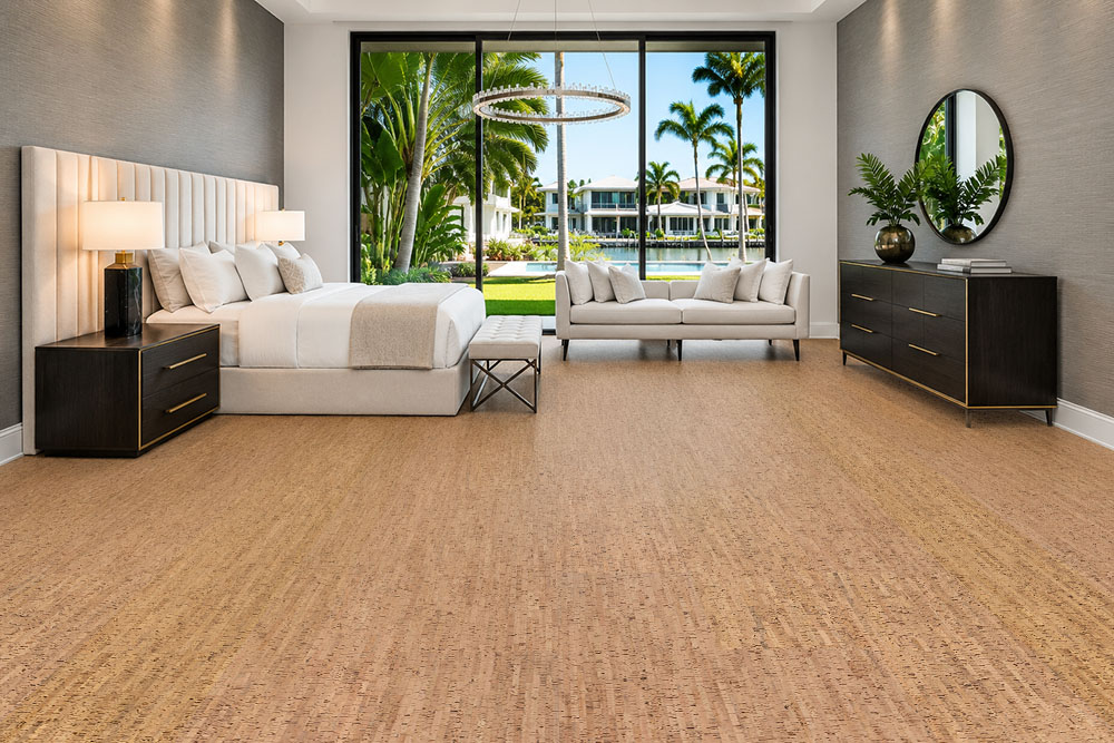 Silver Birch - 5/16&Quot; (8Mm) - Cork Glue Down Tile (Gsb8) Silver Birch Cork Flooring In A Bright Contemporary Bedroom With Large Windows And Modern Furniture.