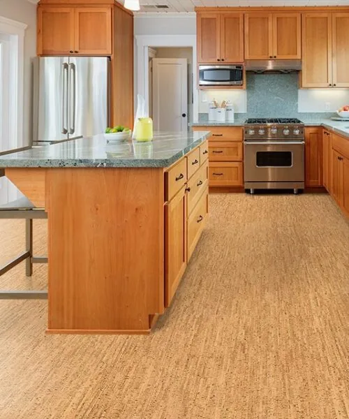 Silver Birch Forna Cork Floor Custom Designed Wooden Kitchen With Gorgeous Granite Counter