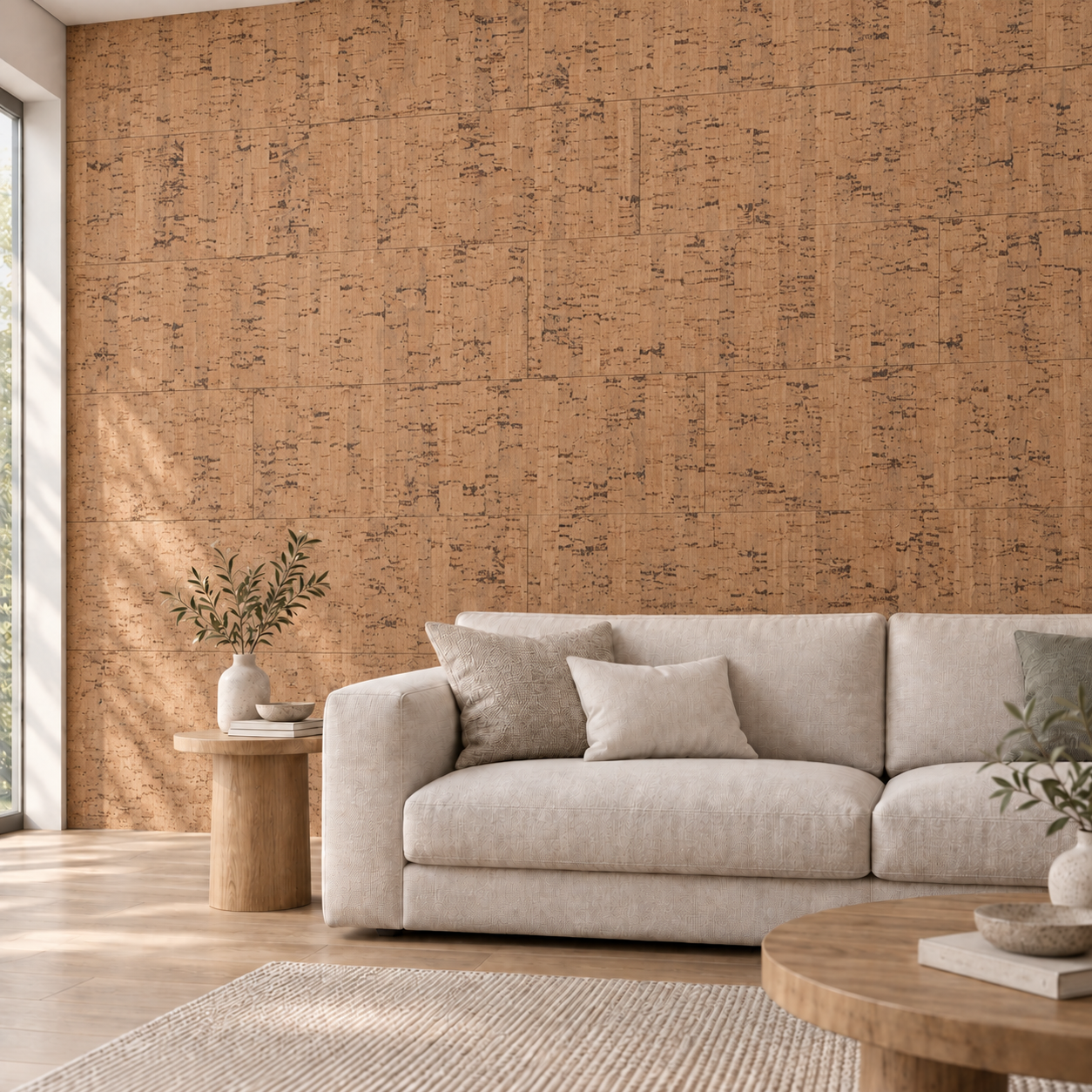 Silver Birch - 1/4&Quot; (6Mm) - Cork Glue Down Tile (Gsb6) Silver Birch Glue-Down Cork Tiles On A Living Room Accent Wall — Visualization