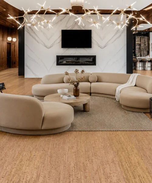 Silver Birch Cork Flooring Installed In A Luxury Living Room With A Fireplace And Contemporary Interior.