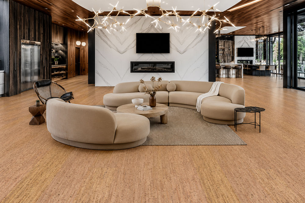 Silver Birch - 5/16&Quot; (8Mm) - Cork Glue Down Tile (Gsb8) Silver Birch Cork Flooring Installed In A Luxury Living Room With A Fireplace And Contemporary Interior.