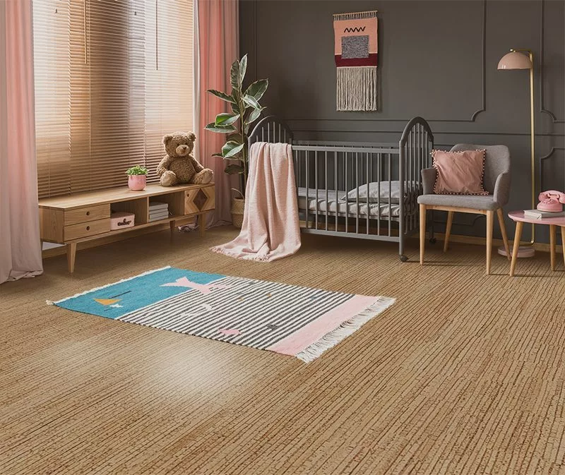 Does Mold-Resistant Cork Truly Ward Off Mold? Sisal Cork Flooring Child Room Interior Design Baby Crib Grey Walls Molding