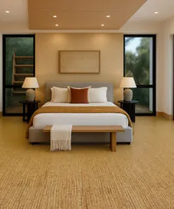 Cozy bedroom with sisal cork flooring, light wood furniture, neutral bedding, and wide windows bringing in natural light.
