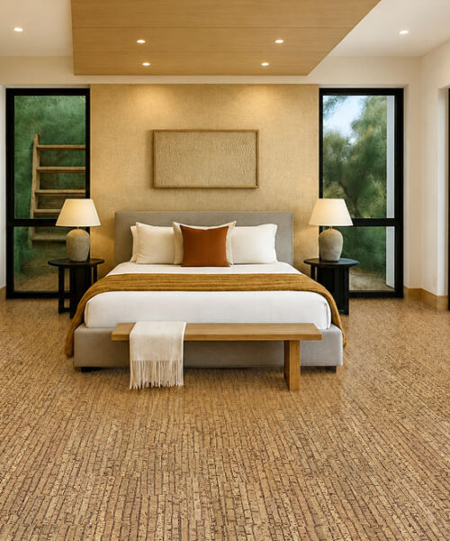 Sisal - 1/2&Quot; (12Mm) - Cork Floating (Fsi12) Cozy Bedroom With Sisal Cork Flooring, Light Wood Furniture, Neutral Bedding, And Wide Windows Bringing In Natural Light.