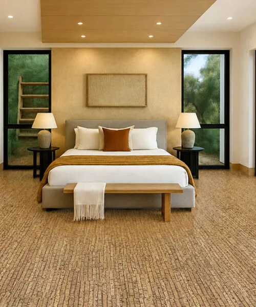 Sisal - 1/2&Quot; (12Mm) - Cork Floating (Fsi12) Cozy Bedroom With Sisal Cork Flooring, Light Wood Furniture, Neutral Bedding, And Wide Windows Bringing In Natural Light.