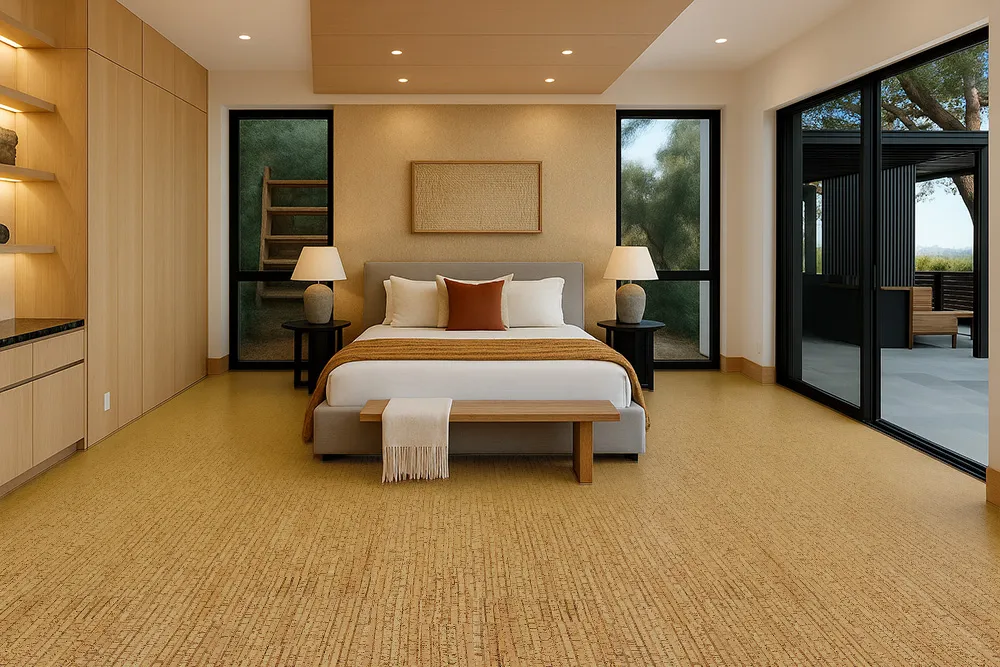 Sisal - 1/2&Quot; (12Mm) - Cork Floating (Fsi12) Cozy Bedroom With Sisal Cork Flooring, Light Wood Furniture, Neutral Bedding, And Wide Windows Bringing In Natural Light.