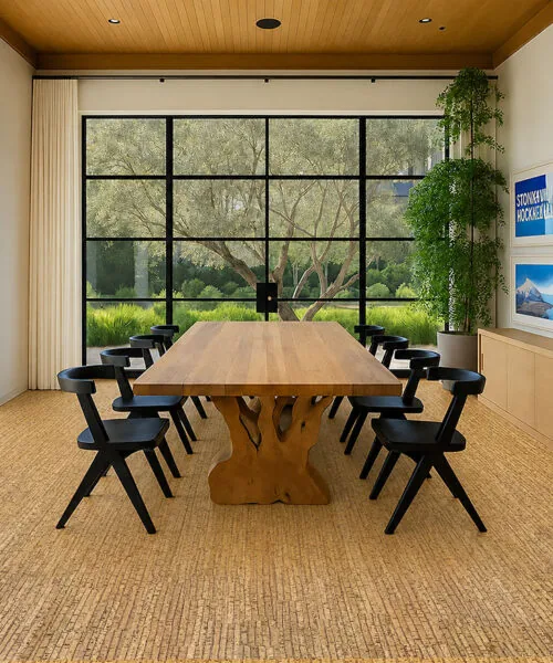 Sisal - 1/2&Quot; (12Mm) - Cork Floating (Fsi12) Spacious Dining Room Featuring Sisal Cork Flooring, A Natural Wood Table, Black Chairs, And Large Floor-To-Ceiling Windows Facing A Garden.