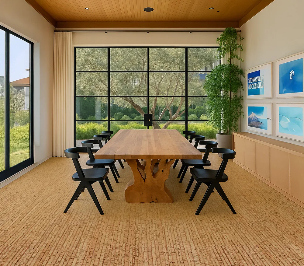 Sisal - 1/2&Quot; (12Mm) - Cork Floating (Fsi12) Spacious Dining Room Featuring Sisal Cork Flooring, A Natural Wood Table, Black Chairs, And Large Floor-To-Ceiling Windows Facing A Garden.