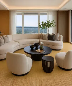 Sisal - 1/2&Quot; (12Mm) - Cork Floating (Fsi12) Luxury Living Room With Sisal Cork Flooring, Curved Cream Sofa Set, Round Black Coffee Table, And Panoramic Balcony View.