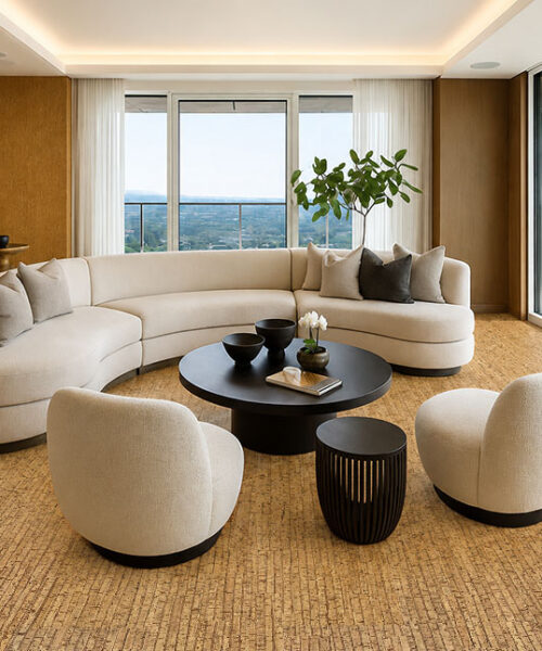 Sisal - 1/2&Quot; (12Mm) - Cork Floating (Fsi12) Luxury Living Room With Sisal Cork Flooring, Curved Cream Sofa Set, Round Black Coffee Table, And Panoramic Balcony View.