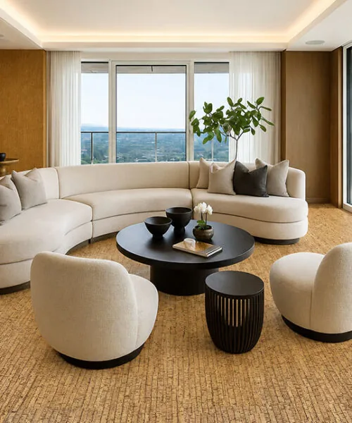 Sisal - 1/2&Quot; (12Mm) - Cork Floating (Fsi12) Luxury Living Room With Sisal Cork Flooring, Curved Cream Sofa Set, Round Black Coffee Table, And Panoramic Balcony View.