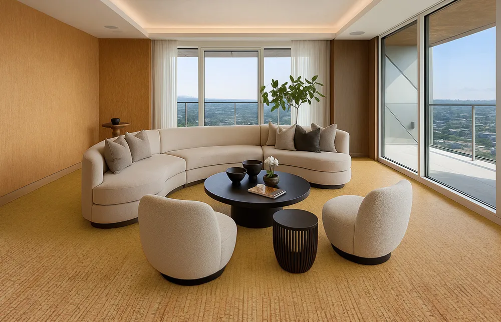 Sisal - 1/2&Quot; (12Mm) - Cork Floating (Fsi12) Luxury Living Room With Sisal Cork Flooring, Curved Cream Sofa Set, Round Black Coffee Table, And Panoramic Balcony View.