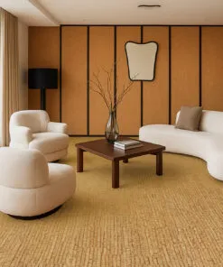 Sisal - 1/2&Quot; (12Mm) - Cork Floating (Fsi12) Minimalist Living Room With Sisal Cork Flooring, Cream Lounge Chairs, Wood Coffee Table, And Decorative Panel Accent Wall.