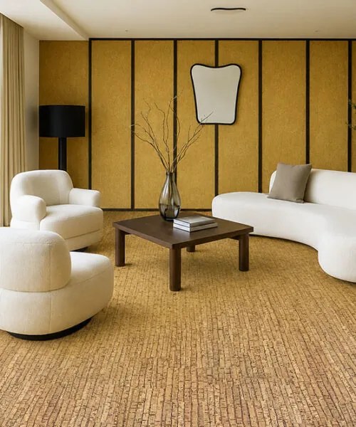 Sisal - 1/2&Quot; (12Mm) - Cork Floating (Fsi12) Minimalist Living Room With Sisal Cork Flooring, Cream Lounge Chairs, Wood Coffee Table, And Decorative Panel Accent Wall.