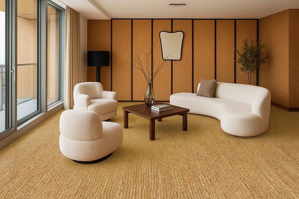 Sisal - 1/2&Quot; (12Mm) - Cork Floating (Fsi12) Minimalist Living Room With Sisal Cork Flooring, Cream Lounge Chairs, Wood Coffee Table, And Decorative Panel Accent Wall.