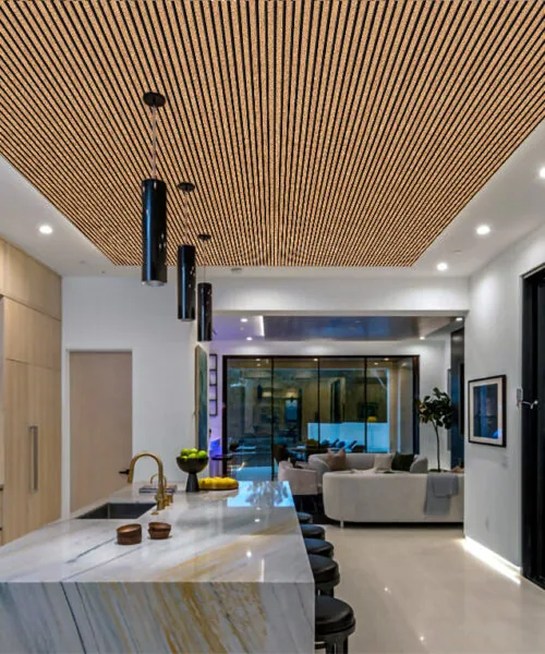 slat dark natural cork acoustic ceiling panels living room tiles