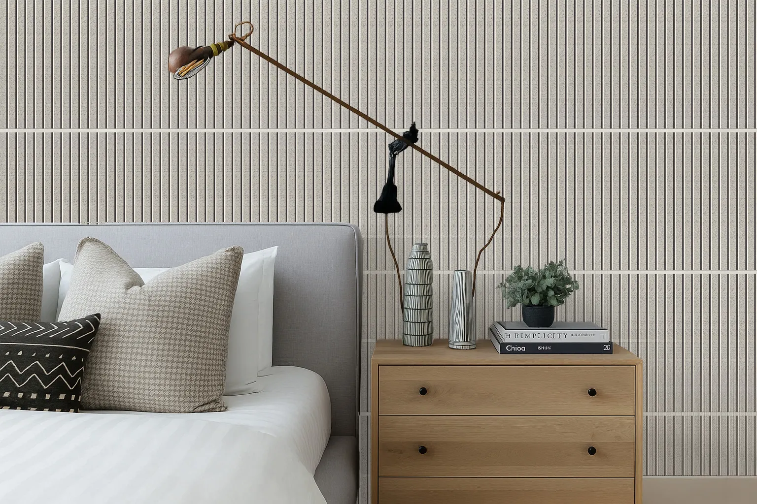 Slatwall Perla 43/64” (17Mm) 3D Acoustic Cork Wall Panels (Wswp17) Edroom With Slatwall Perla Cork Wall Panels Behind The Bed, Creating A Textured Accent Wall With Acoustic Comfort.