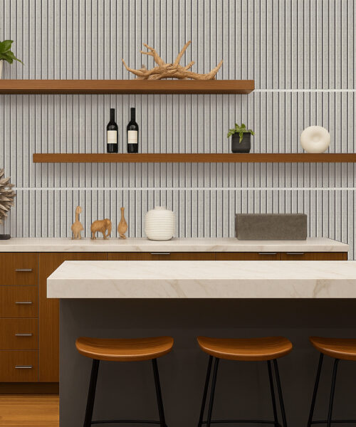 Slatwall Perla 43/64” (17Mm) 3D Acoustic Cork Wall Panels (Wswp17) Stylish Kitchen Using Slatwall Perla Cork Wall Panels As A Backsplash, Blending Natural Texture With Modern Open-Shelf Déco