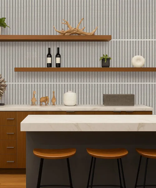 Slatwall Perla 43/64” (17Mm) 3D Acoustic Cork Wall Panels (Wswp17) Stylish Kitchen Using Slatwall Perla Cork Wall Panels As A Backsplash, Blending Natural Texture With Modern Open-Shelf Déco