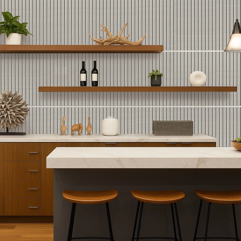 Slatwall Perla 43/64” (17Mm) 3D Acoustic Cork Wall Panels (Wswp17) Stylish Kitchen Using Slatwall Perla Cork Wall Panels As A Backsplash, Blending Natural Texture With Modern Open-Shelf Déco