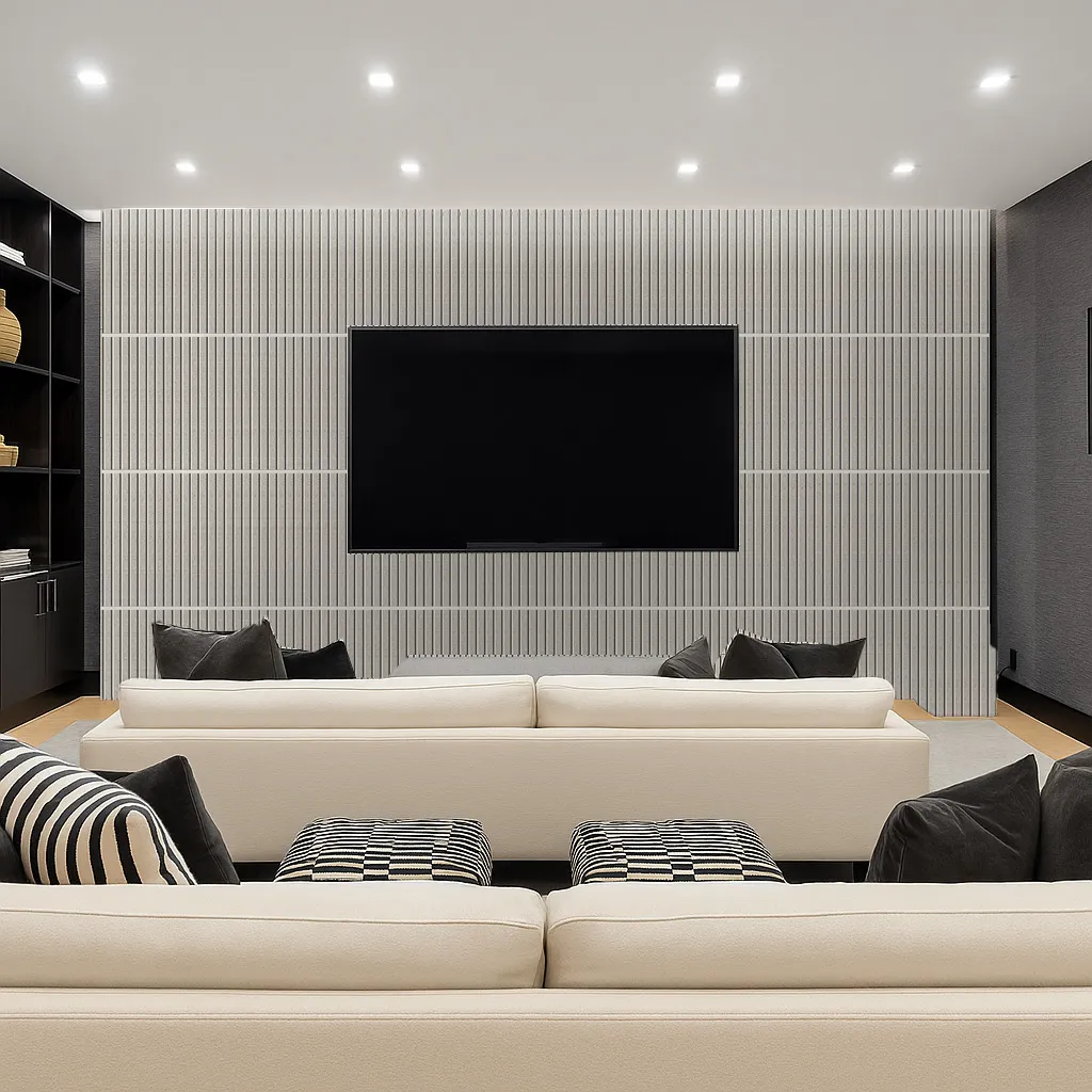 Slatwall Perla 43/64” (17Mm) 3D Acoustic Cork Wall Panels (Wswp17) Modern Living Room Featuring Slatwall Perla Cork Wall Panels Behind A Flat-Screen Tv, Adding Sound Insulation And Contemporary Design.