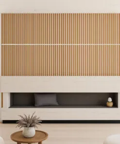 Luxury living room with fireplace surrounded by Slatwall White Natural Cork Wall Panels, creating a refined and cozy atmosphere with balanced lighting and modern furniture